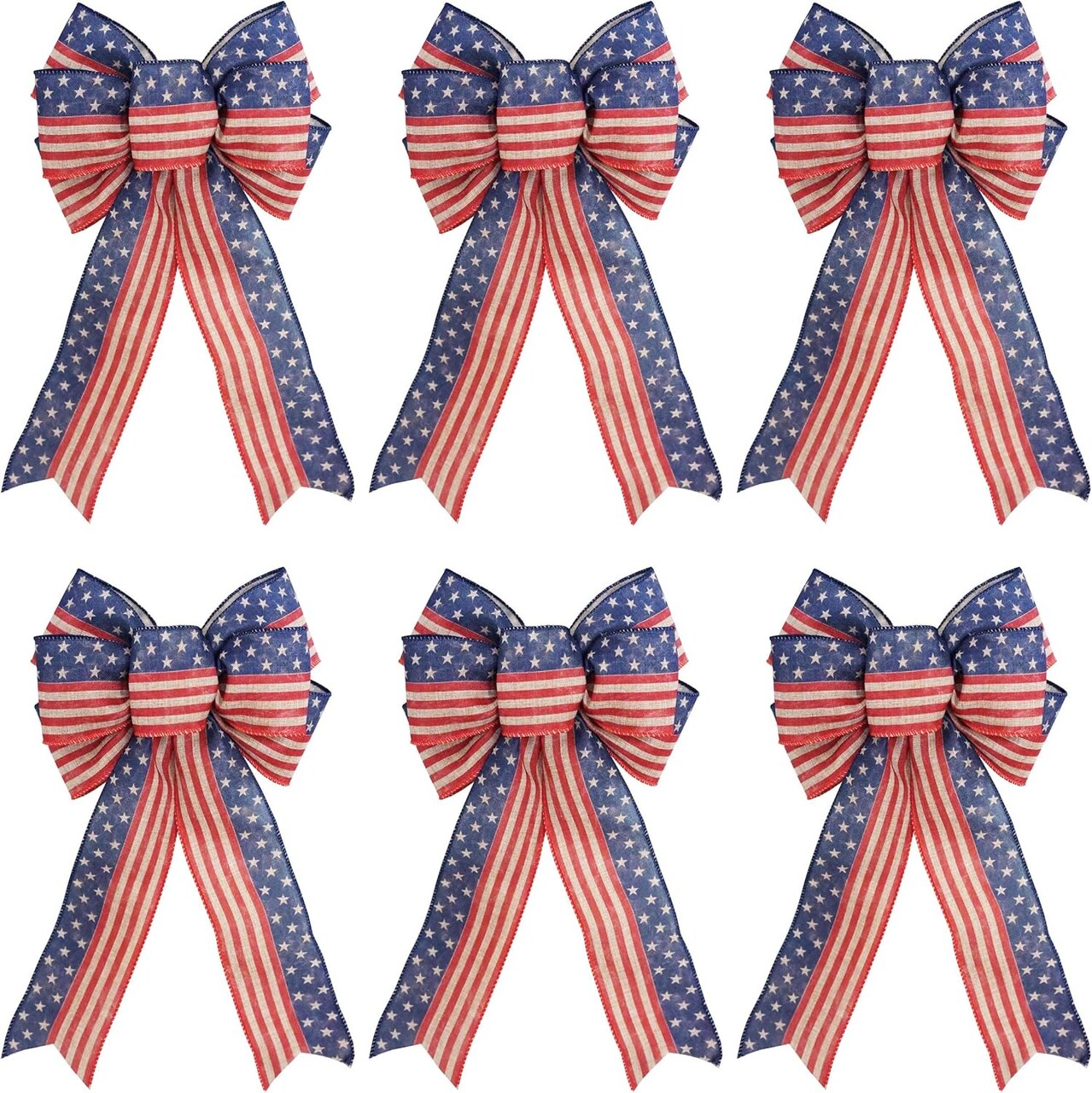 6-Pack Patriotic Bows for Wreaths – 4th of July Decorations, Red, Beige & Blue Star Burlap Bows (8x12.5 Inches) for Independence Day, Memorial Day & Veterans Day